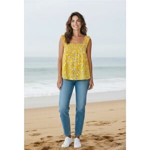 Loft Yellow Smocked Pullover Tank Floral Sleeveless NEW Shirt Womens size XL